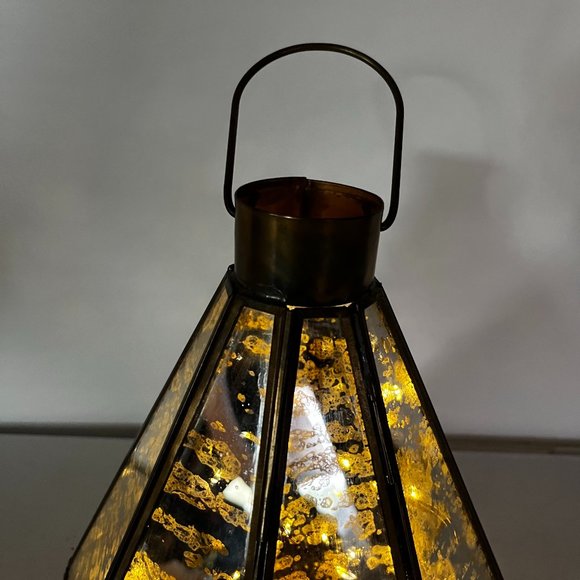 Mercury Glass Octagon Brass Lantern with LED Lights Strings 3 AAA Batteries Open - Picture 2 of 14